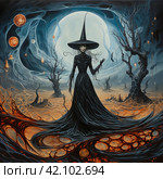 Witch in a pointed hat, illustration,Generative AI. Стоковое AI-изображение, AI-художник Анна Кривицкая / Фотобанк Лори