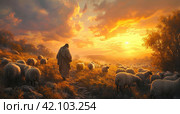 jesus looking at his sheep on sunset. Стоковое AI-изображение, AI-художник Юлия Гапеенко / Фотобанк Лори