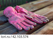 reversible pink gardening gloves and pliers on wooden table with wood background. Стоковое AI-изображение, AI-художник Юлия Гапеенко / Фотобанк Лори