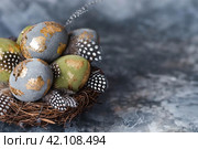 Stylish beautiful Easter eggs with a golden coating of sweat and feathers in a bird's nest of brushwood on a gray background. The concept of happy Easter 2024. Стоковое фото, фотограф Photojuli / Фотобанк Лори