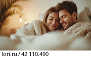 Young loving couple in the bed with cops of coffee. soft and light colors. copy space. Стоковое AI-изображение, AI-художник Юлия Гапеенко / Фотобанк Лори