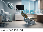 View dental equipment in dentist office in new modern stomatological clinic room. Background of dental chair and accessories used by dentists in blue, medic light. Copy space, text place. Стоковое AI-изображение, AI-художник Aleksandr Golubev / Фотобанк Лори