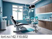Interior of dental equipment in dentist office in new modern stomatological clinic room. Background of dental chair and accessories used by dentists in blue, medic light. Copy space, text place. Стоковое AI-изображение, AI-художник Aleksandr Golubev / Фотобанк Лори