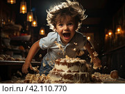Little boy throwing food in the kitchen. a playful hyperactive cute white toddler boy misbehaving and making a huge mess in a kitchen, throwing around cake and food at a birthday party celebration. Стоковое AI-изображение, AI-художник Ирина Михайличенко / Фотобанк Лори
