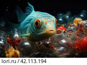 Fish in water among plastic. Polluted waters. Microplastics - threat to the ecosystem. Plastic pollution ecology crisis. Стоковое AI-изображение, AI-художник Ирина Михайличенко / Фотобанк Лори