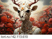 White demon with horns and red flowers around,Generative AI. Стоковое AI-изображение, AI-художник Анна Кривицкая / Фотобанк Лори