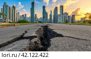 A fault in the earth's crust in the middle of a large city with skyscrapers. Стоковое AI-изображение, AI-художник Кирилл Черезов / Фотобанк Лори