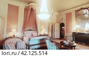 Luxurious large bed ornated with carvings and canopy of embossed fringed fabric in Baroness Rothschild chamber in largest castle of Netherlands De Haar Castle (2022 год). Редакционное видео, видеограф Яков Филимонов / Фотобанк Лори