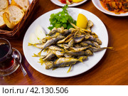 Dietary mullet fish. Fried fish in a plate with parsley and lemon. Стоковое фото, фотограф Яков Филимонов / Фотобанк Лори