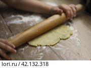 Ребенок скалкой делает круг из теста. Стоковое фото, фотограф Евгения Колодкина / Фотобанк Лори