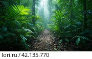 Hiking through lush rainforests, surrounded by towering trees and exotic wildlife. Стоковое AI-изображение, AI-художник Юлия Гапеенко / Фотобанк Лори