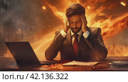Exhausted young businessman holding his head with hands due to headache and stress. Overworked worker feels strain. Concept of excessive load on the brain. Fatigue and panic attack, computer syndrome. Стоковое AI-видео, аниматор Igor Tichonow / Фотобанк Лори