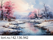 Winter landscape with a river and pink trees on the banks, Стоковое AI-изображение, AI-художник Анна Кривицкая / Фотобанк Лори