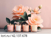 Scented candles and flowers in a minimalist style - peachy pink tones. Set for decorating a massage parlor. Стоковое AI-изображение, AI-художник Евгений Ткачёв / Фотобанк Лори