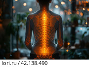 Shoulder-scapular periarthritis, shoulder blades, lumbar and neck pain, intervertebral spine hernia, woman with back pain at home, spinal disc disease, hip joint arthritis, AI Generated. Стоковое AI-изображение, AI-художник Станислав Тарко / Фотобанк Лори