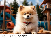 White fluffy puppy of Small German Pomeranian sitting on dog playground, looking at camera. Funny playful doggy German Spitz dog play on walk in nature, outdoors. Pet love concept. Copy ad text space. Стоковое AI-изображение, AI-художник Aleksandr Golubev / Фотобанк Лори