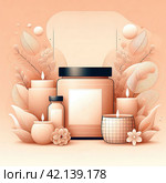 Skin care product or perfume bottles lying on the surface with flowers in peachy tones. Стоковое AI-изображение, AI-художник Евгений Ткачёв / Фотобанк Лори