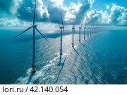 Windmill park with clouds and a blue sky, wind mill turbines in the ocean aerial view of a wind farm in the Nehterlands. production clean energy concept. Стоковое AI-изображение, AI-художник Ирина Михайличенко / Фотобанк Лори