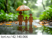 Umbrella icon and family model, Security protection and health insurance. The concept of family home, protection, health care day, car insurance. environmental protection concept with copy space. Стоковое AI-изображение, AI-художник Ирина Михайличенко / Фотобанк Лори