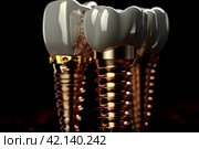 Tooth implant and teeth on a black background. Стоковое AI-изображение, AI-художник Ирина Михайличенко / Фотобанк Лори