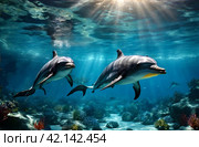 Dolphin (Delphinidae) mammal swimming in tropical underwaters. Two Dolphins in underwater wild world. Observation of wildlife ocean. Scuba diving adventure in Ecuador coast. Copy text space. Стоковое AI-изображение, AI-художник Aleksandr Golubev / Фотобанк Лори