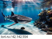 Whale shark (Rhincodon typus) mammal swimming in tropical underwaters. Shark in underwater wild animal world. Observation of wildlife ocean. Scuba diving adventure in Ecuador coast. Copy text space. Стоковое AI-изображение, AI-художник Aleksandr Golubev / Фотобанк Лори