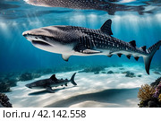 Whale shark (Rhincodon typus) mammal swimming in tropical underwaters. Shark in underwater wild animal world. Observation of wildlife ocean. Scuba diving adventure in Ecuador coast. Copy text space. Стоковое AI-изображение, AI-художник Aleksandr Golubev / Фотобанк Лори