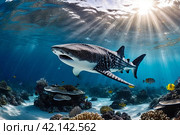Whale shark (Rhincodon typus) mammal swimming in tropical underwaters rear view. Shark in underwater wild animal world. Observation of wildlife ocean. Scuba diving adventure in Ecuador coast. Стоковое AI-изображение, AI-художник Aleksandr Golubev / Фотобанк Лори