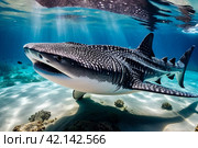 Whale shark (Rhincodon typus) mammal swimming in tropical underwaters rear view. Shark in underwater wild animal world. Observation of wildlife ocean. Scuba diving adventure in Ecuador coast. Стоковое AI-изображение, AI-художник Aleksandr Golubev / Фотобанк Лори