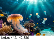 Jellyfish (Cubozoa) swimming in tropical underwaters bottom view. Medusa in underwater wild animal world. Observation of wildlife ocean. Scuba diving in Ecuador coast. Copy text space. Стоковое AI-изображение, AI-художник Aleksandr Golubev / Фотобанк Лори