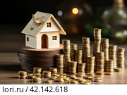 Stack coins and house model on wooden table white wall background. Concept of money management for mortgage loan, fed increase interest rate, real estate price increase. Стоковое AI-изображение, AI-художник Ирина Михайличенко / Фотобанк Лори