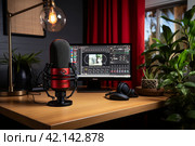 Professional video podcast recording setup in a cozy home studio with professional equipment. Стоковое AI-изображение, AI-художник Светлана Акифьева / Фотобанк Лори