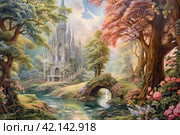 Old medieval park in English style with a bridge, watercolor,Generative AI. Стоковое AI-изображение, AI-художник Анна Кривицкая / Фотобанк Лори