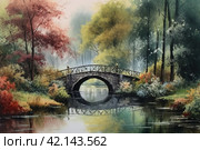 Old medieval park in English style with a bridge, watercolor,Generative AI. Стоковое AI-изображение, AI-художник Анна Кривицкая / Фотобанк Лори