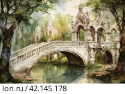 Old medieval park in English style with a bridge, watercolor,Generative AI. Стоковое AI-изображение, AI-художник Анна Кривицкая / Фотобанк Лори