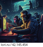 Monkeys in military uniform at the computer, NATO,Generative AI. Стоковое AI-изображение, AI-художник Анна Кривицкая / Фотобанк Лори