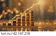 Gold bars in a pyramid arrangement catch fire, surging prices in a volatile market. Rising gold prices, concept of inflation. Стоковое AI-видео, аниматор Ольга Сухарева / Фотобанк Лори