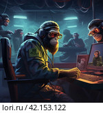 Monkeys in military uniform at the computer, NATO,Generative AI. Стоковое AI-изображение, AI-художник Анна Кривицкая / Фотобанк Лори