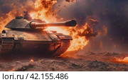 Military tank war concept fire explosion detonation background. World battle in dark night ruined city. Panorama with copy space. Стоковое AI-видео, аниматор Igor Tichonow / Фотобанк Лори