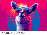 Funny neon pink Lama head, cute cartoon style drawing. design for poster, sticker, cover, postcard, children book, notebook with copy space. Стоковое AI-изображение, AI-художник Ирина Михайличенко / Фотобанк Лори