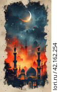 Hand-drawn greeting card islamic holiday banner suitable for Ramadan, Raya Hari, Eid al-Adha and Mawlid. Attributes of a mosque, a crescent and a lit lantern. Стоковое AI-изображение, AI-художник Мария Фадеева / Фотобанк Лори