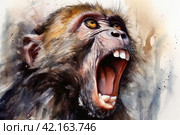 Monkey screams, watercolor on a white background,Generative AI. Стоковое AI-изображение, AI-художник Анна Кривицкая / Фотобанк Лори