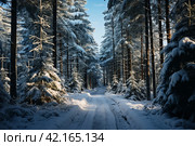 Road in a snowy forest with tall pine trees,Generative AI. Стоковое AI-изображение, AI-художник Анна Кривицкая / Фотобанк Лори