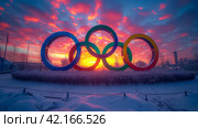 The Olympic rings on a city street. Olympic games concept. Стоковое AI-изображение, AI-художник Ирина Михайличенко / Фотобанк Лори