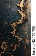 Oil spill on the surface of the reservoir. Стоковое AI-изображение, AI-художник Кирилл Черезов / Фотобанк Лори
