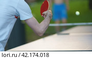 Photography of small racket, ball for table tennis in a player's hand on city street in spring day. It's laminated wooden bat covered with rubber on two sides. Play is fast, demands quick reactions. Стоковое фото, фотограф YuryKara / Фотобанк Лори