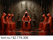 Surreal meeting of a secret society in red cloaks,Generative AI. Стоковое AI-изображение, AI-художник Анна Кривицкая / Фотобанк Лори