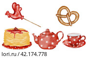 Maslennitsa watercolor set hand painting on isolated white background. Drawings of pancakes with jam on a plate, a teapot and a cup in red color. Pretzel and lollipop in the form of a rooster on a stick. To decorate banners and postcards for Shrove Shrovetide. Стоковая иллюстрация, иллюстратор Татьяна Трущелева / Фотобанк Лори