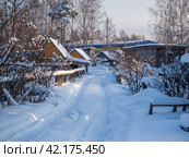 Заснеженная дорога среди домов, огородов и заборов в деревне зимой. Стоковое фото, фотограф Евгений Горбунов / Фотобанк Лори