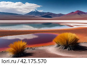 Landscape photo of Laguna Colorada lake with dry vegetation at Andes mountains background. Scenery view of Bolivia in natural wilderness. Bolivian nature landmarks concept. Copy ad text space, poster. Стоковое AI-изображение, AI-художник Aleksandr Golubev / Фотобанк Лори